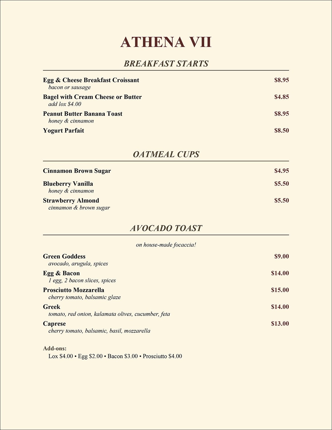 Athena Breakfast Menu