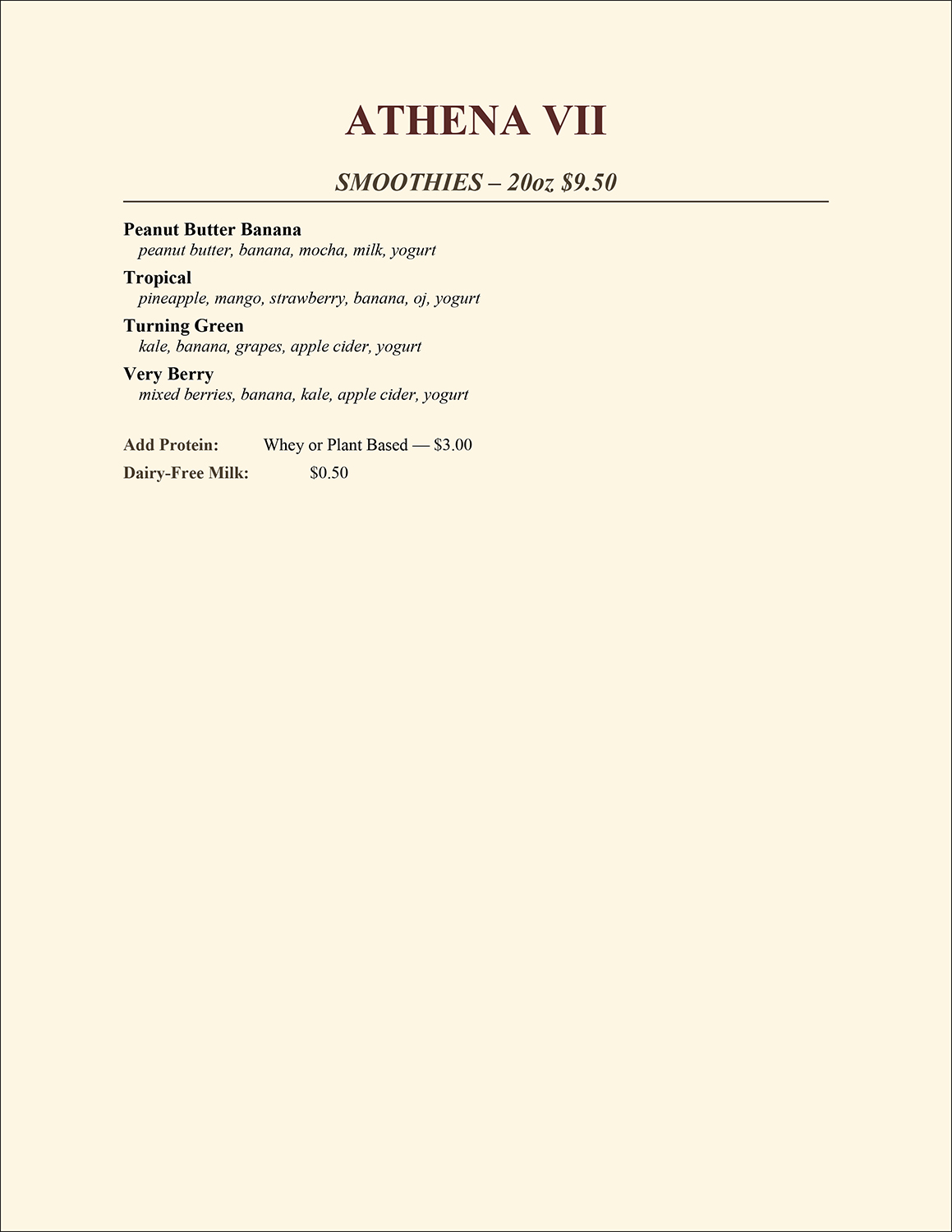 Athena Smoothie Menu